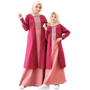 Gamis Couple Muslimah Katun Motif Salur Premium LG 792 & Gamis Anak LGA 793